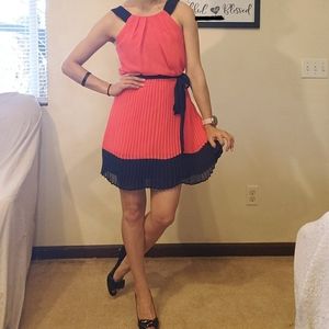 Salmon and Navy pleated sleeveless mini with trim